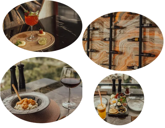 Fiaba Brasserie dishes, dining spaces and views in Alanya