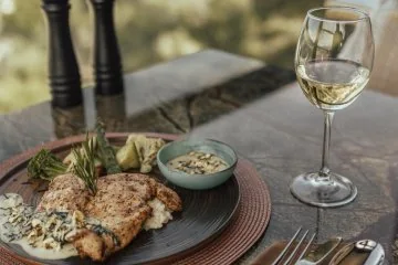 A meal served beside the windows at Fiaba Brasserie